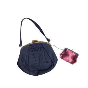 Vtg Morris Moskowitz Satchel Handbag Navy Blue Felt Wool Pleated Purse Latch Bag